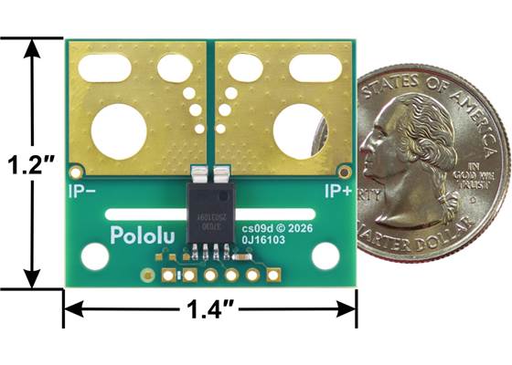 ACS37030LMY Current Sensor Large Carrier outer dimensions with US quarter for size reference.