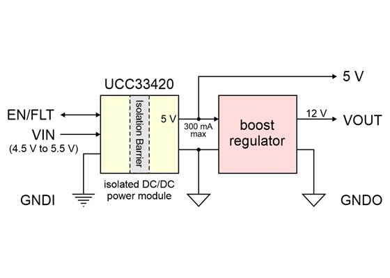 Block diagram of the 12V, 100mA Isolated Step-Up Voltage Regulator U5Z6F12.