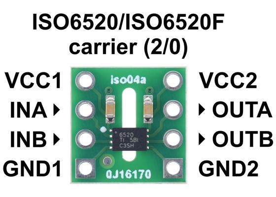 Pinout of the ISO6520/ISO6520F 2-Channel Digital Disolator Carrier (2/0).