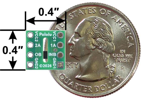 ISO652x 2-Channel Digital Isolator Carrier, bottom view with dimensions and a US quarter for size reference.