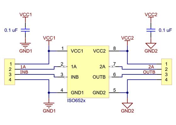 Schematic diagram of the ISO652x 2-Channel Digital Isolator Carrier.