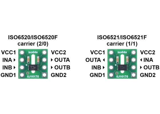 Pinouts of the ISO652x 2-Channel Digital Isolator Carrier series.