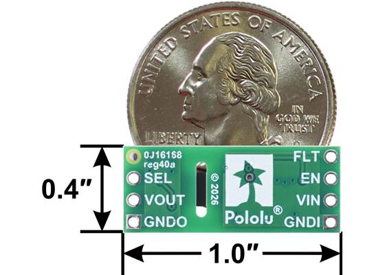 5V, 300mA Isolated Step-Down Voltage Regulator D24Z3F5, bottom view with dimensions and a US quarter for size reference.