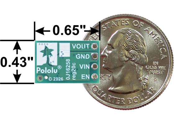 Step-Up/Step-Down Voltage Regulator S9V11E2x, bottom view with dimensions and a US quarter for size reference.