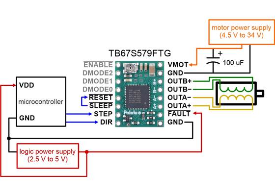Alternative minimal wiring diagram for connecting a microcontroller to a TB67S579FTG Stepper Motor Driver Compact Carrier (full-step mode).