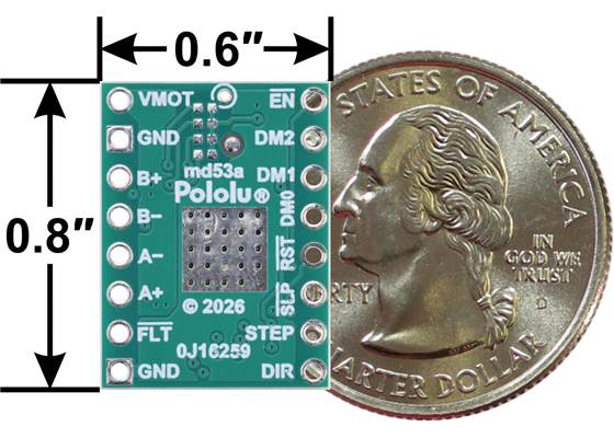TB67S579FTG Stepper Motor Driver Compact Carrier, bottom view with dimensions and a US quarter for size reference.