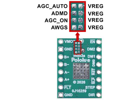 Optional configuration jumpers on the TB67S579FTG Stepper Motor Driver Compact Carrier.