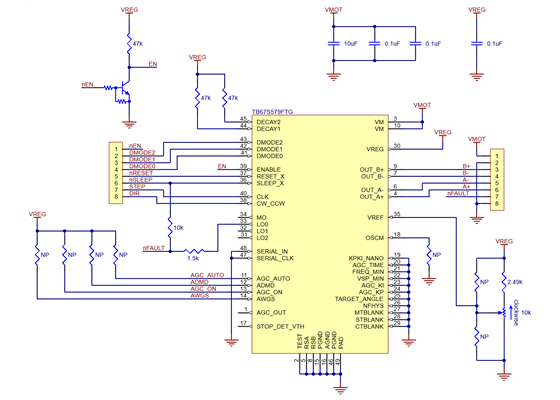 Schematic diagram of the TB67S579FTG Stepper Motor Driver Compact Carrier.