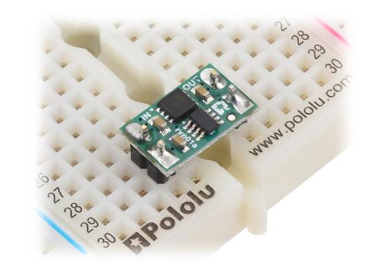 Pololu 10A/12A Reverse Voltage Protector soldered with 0.1″ male headers (not included) for use in a breadboard.