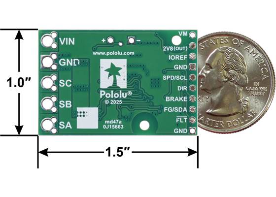 A89301-Based Sensorless Brushless Motor Controller, 50V, 11A, bottom view with dimensions.