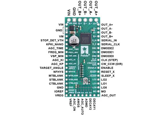 Pinout diagram of the TB67S579FTG Stepper Motor Driver Carrier – Full Breakout.