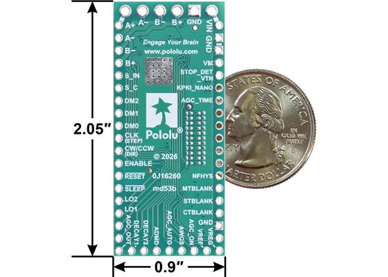 TB67S579FTG Stepper Motor Driver Carrier – Full Breakout, bottom view with dimensions and a US quarter for size reference.