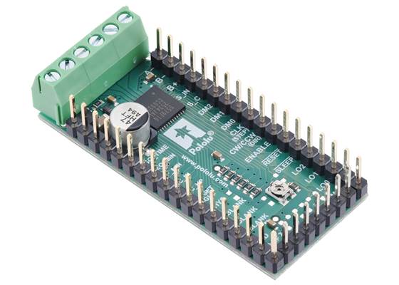 The full-breakout TB67S579FTG Stepper Motor Driver Carrier has smaller through-holes that are compatible with 0.1″ headers and larger motor and power through-holes that work with 3.5mm-pitch terminal blocks (through-hole components not included)