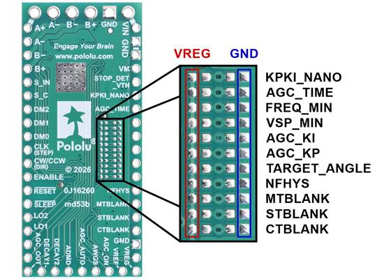 Optional 0402 SMT configuration pads on the bottom side of the TB67S579FTG Stepper Motor Driver Carrier – Full Breakout.