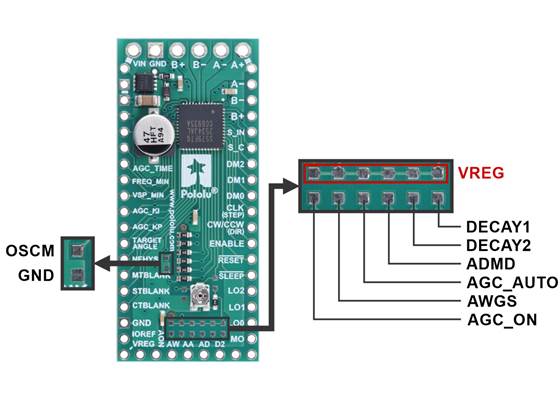 Optional 0603 SMT configuration pads on the top side of the TB67S579FTG Stepper Motor Driver Carrier – Full Breakout.