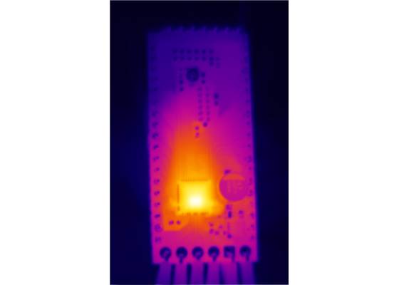 Thermal image showing the TB67S579FTG Stepper Motor Driver Carrier – Full Breakout heating up during operation.