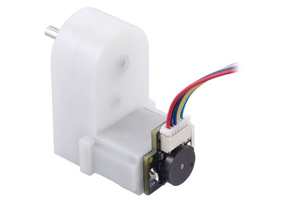 Magnetic Encoder with Side-Entry Connector on a Mini Plastic Gearmotor (cable not included).