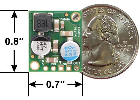 Pololu 5A Step-Down Voltage Regulator D24V50F5, top view with dimensions.