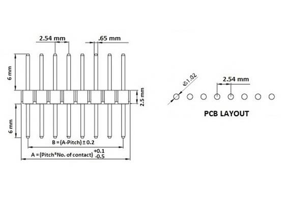 Dimension diagram of 0.100" (2.54 mm) breakaway male header, straight, double-sided, single-row.