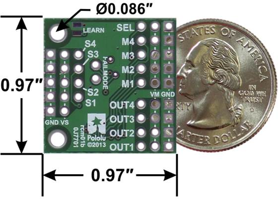Pololu 4-Channel RC Servo Multiplexer, bottom view with dimensions.
