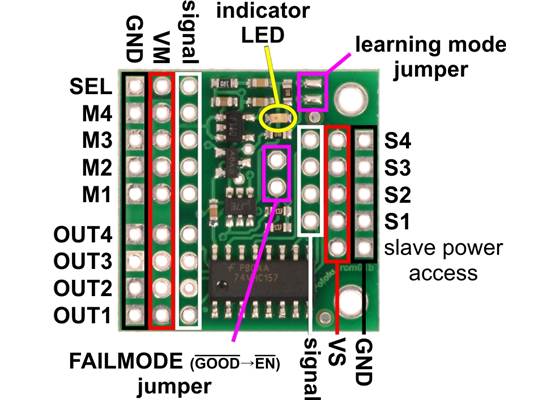 Pololu 4-Channel RC Servo Multiplexer (Partial Kit), labeled pinout.