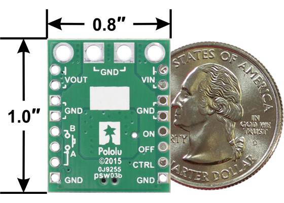 Big Pushbutton Power Switch with Reverse Voltage Protection, bottom view with dimensions.