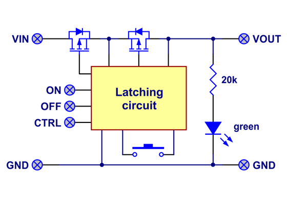 Block diagram of the Big Pushbutton Power Switch with Reverse Voltage Protection.