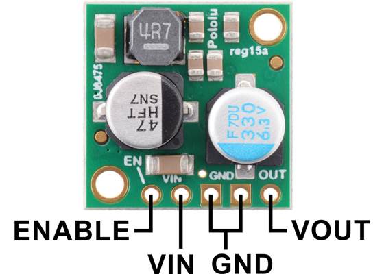 Pololu 2.5&nbsp;A Step-Down Voltage Regulator D24V25F5 (5&nbsp;V) or D24V25F3 (3.3&nbsp;V), top view with labeled pinout.