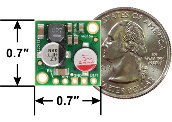 Pololu 2.5A Step-Down Voltage Regulator D24V25Fx, top view with dimensions.