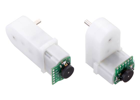 Magnetic Encoder Kit for Mini Plastic Gearmotors assembled on mini plastic gearmotors with extended motor shafts.