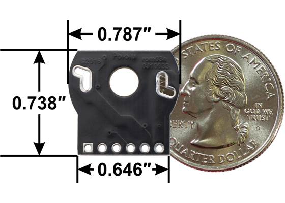 Romi Encoder Pair Kit, motor-side view of PCB with dimensions.