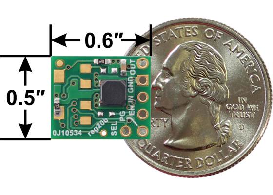 3.3V Step-Up/Step-Down Voltage Regulator w/ Fixed 3V Low-Voltage Cutoff S9V11F3S5C3 next to US quarter dollar for size reference.