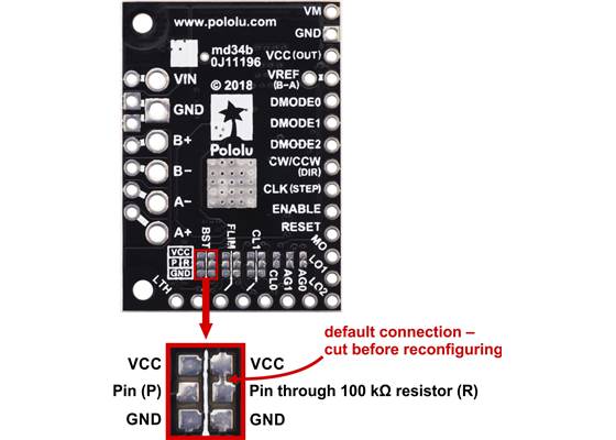 TB67S2x9FTG Stepper Motor Driver Carrier, Active Gain Control configurable logic input pin surface mount jumpers.