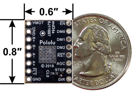 TB67S2x9FTG Stepper Motor Driver Compact Carrier, bottom view with dimensions.