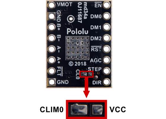 Bridge this SMT jumper with solder to change the AGC bottom limit from 60% to 80% on the TB67S2x9FTG Stepper Motor Driver Compact Carrier.