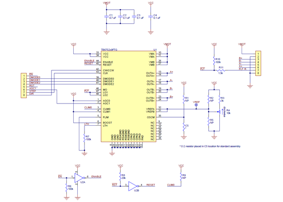 Schematic diagram of the TB67S249FTG/TB67S279&shy;FTG Stepper Motor Driver Compact Carrier.