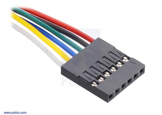 The 25D and 37D&nbsp;mm metal gearmotors with encoders have cables that are terminated with a 6-pin, 0.1″-pitch female connector.