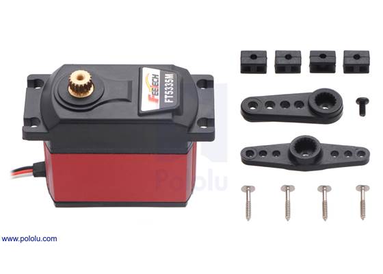 FEETECH Ultra-High-Torque, High-Voltage Digital Giant Servo FT5335M with included hardware (actual hardware might vary).