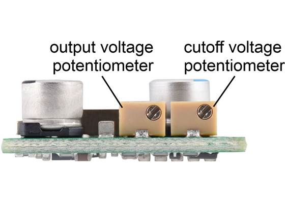 Fine-Adjust Step-Down Voltage Regulator w/ Adjustable Low-Voltage Cutoff D30V30MAxCMA, side view showing output voltage and cutoff adjustment potentiomenters (D30V30MASCMA version shown).