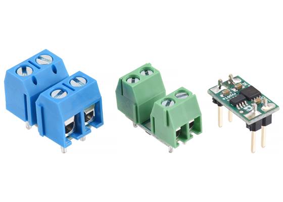 Examples of various connectors that can be used with the Pololu 10A/12A Reverse Voltage Protectors (from left to right: 5mm terminal blocks, 3.5mm terminal blocks, 0.1″ headers).