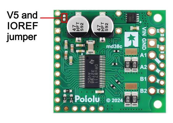 Surface mount jumper for V5 and IOREF pins on the Pololu High-Power Stepper Motor Driver 36v8.