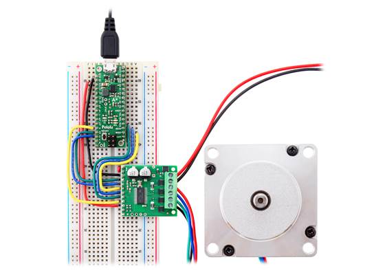 Controlling a Pololu High-Power Stepper Motor Driver with an Arduino-compatible #3104 A-Star 32U4 Mini SV (36v4 version pictured).