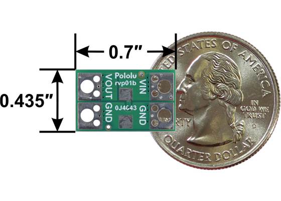 Pololu 20A/25A Reverse Voltage Protector dimensions with US quarter for size reference.