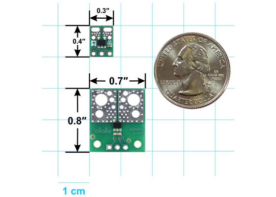 ACS3704x Current Sensor Micro Carrier (top) and Compact Carrier (bottom) basic dimensions with US quarter for size reference.