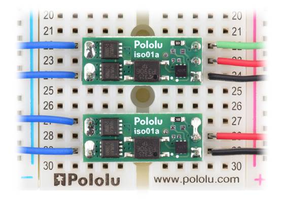Three-wire and two-wire (with EN and VIN tied together) control options for the Pololu Isolated Solid State Relay/Switch, SPST (60V version shown).