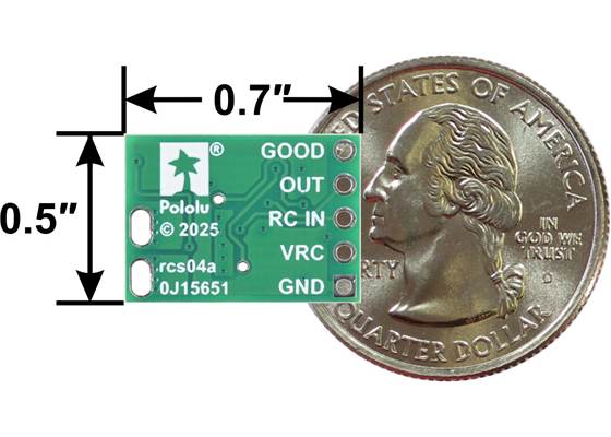 Pololu RC Switch with Isolated Solid State Relay/Switch, SPST, bottom view with dimensions.