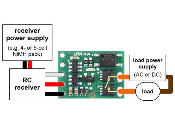 Typical wiring diagram for the Pololu RC Switch with Isolated Solid State Relay/Switch, SPST.
