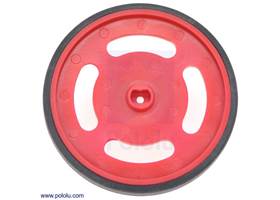 Original-style red Solarbotics GMPW wheel with included rubber band tire.  This view shows the hub designed for the Solarbotics GM gearbox output shafts