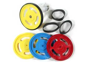 Solarbotics GMPW plastic wheels and rubber band tires; one mounted on a GM2 gearmotor