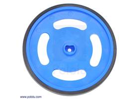 Original-style blue Solarbotics GMPW wheel with included rubber band tire.  This view shows the hub designed for the Solarbotics GM gearbox output shafts